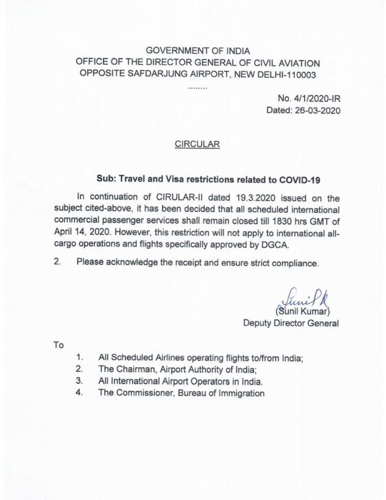 Government of India's Travel and Visa Restrictions related to COVID-19 dated 26 March 2020